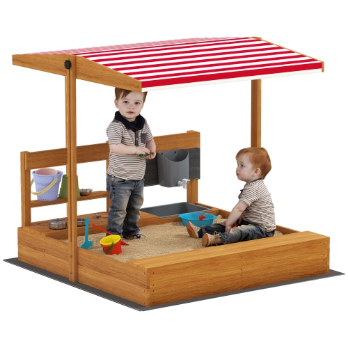Outsunny Kids Sandbox with Cover, Wooden Sand Box with Adjustable Cover, Kitchen Playset Toys, Seat, Storage, Outdoor Sand Play for 3-7 Years Old, 45