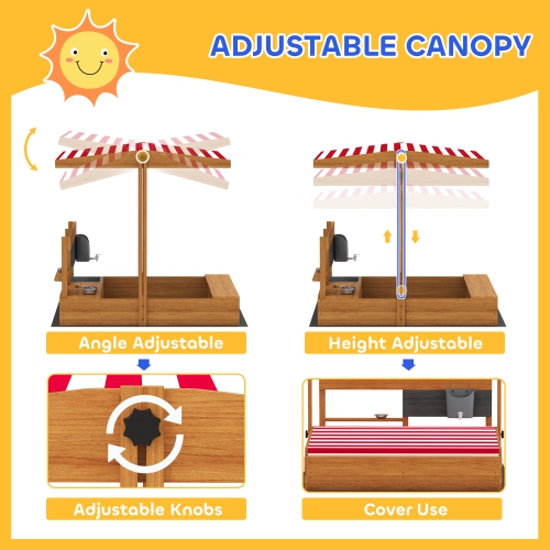 Outsunny Kids Sandbox with Cover, Wooden Sand Box with Adjustable Cover, Kitchen Playset Toys, Seat, Storage, Outdoor Sand Play for 3-7 Years Old, 45