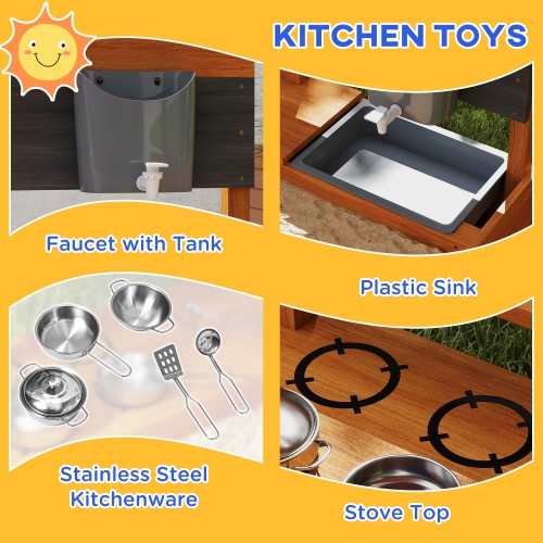 Outsunny Kids Sandbox with Cover, Wooden Sand Box with Adjustable Cover, Kitchen Playset Toys, Seat, Storage, Outdoor Sand Play for 3-7 Years Old, 45
