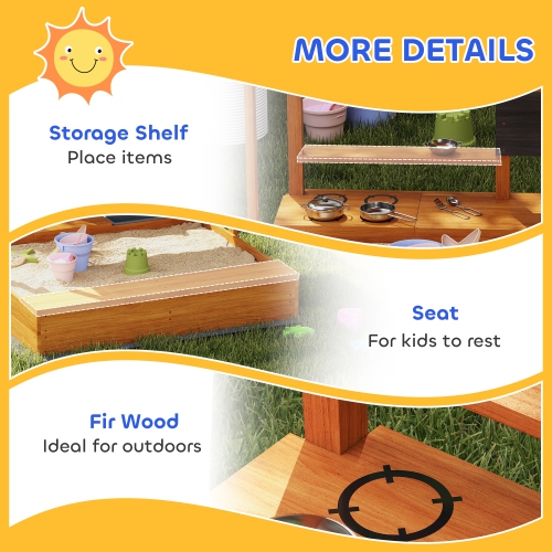 Outsunny Kids Sandbox with Cover, Wooden Sand Box with Adjustable Cover, Kitchen Playset Toys, Seat, Storage, Outdoor Sand Play for 3-7 Years Old, 45