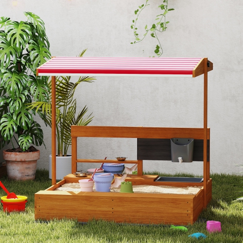 Outsunny Kids Sandbox with Cover, Wooden Sand Box with Adjustable Cover, Kitchen Playset Toys, Seat, Storage, Outdoor Sand Play for 3-7 Years Old, 45