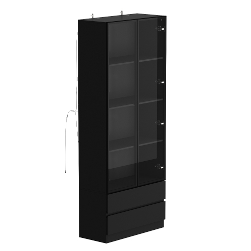 HOMSEE  Modern Display Cabinet With Glass Doors, Adjustable Shelves & Storage Drawers (31.5" W X 14.2" D X 78.7" H), Black