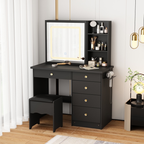 Homsee Vanity Desk Set with Large Sliding Lighted Mirror, 5 Drawers, Storage Shelves & Cushioned Stool, Black