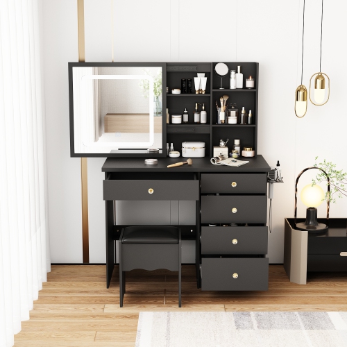 Homsee Vanity Desk Set with Large Sliding Lighted Mirror, 5 Drawers, Storage Shelves & Cushioned Stool, Black
