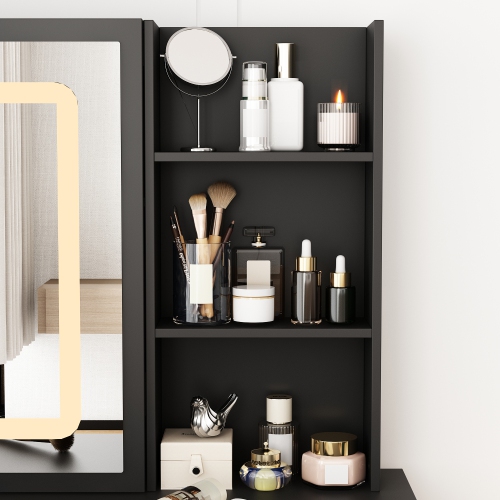 Homsee Vanity Desk Set with Large Sliding Lighted Mirror, 5 Drawers, Storage Shelves & Cushioned Stool, Black