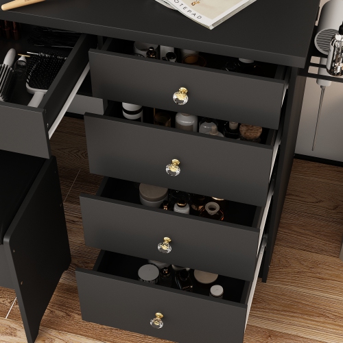 Homsee Vanity Desk Set with Large Sliding Lighted Mirror, 5 Drawers, Storage Shelves & Cushioned Stool, Black