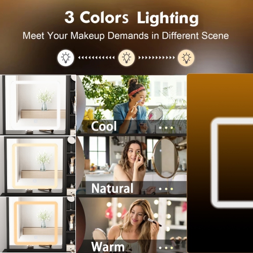 Homsee Vanity Desk Set with Large Sliding Lighted Mirror, 5 Drawers, Storage Shelves & Cushioned Stool, Black