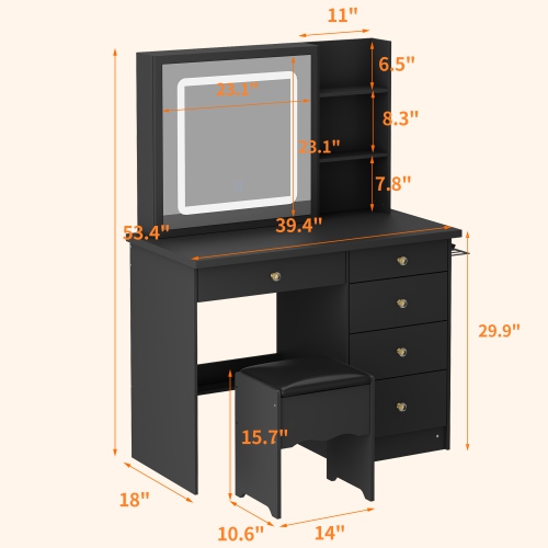 Homsee Vanity Desk Set with Large Sliding Lighted Mirror, 5 Drawers, Storage Shelves & Cushioned Stool, Black