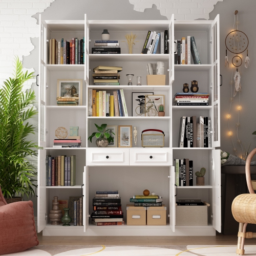 Homsee Spacious Bookcase with Glass Doors, Adjustable Shelves & Generous Storage for Home Library or Study , White