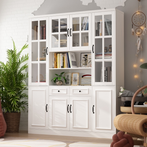 Homsee Spacious Bookcase with Glass Doors, Adjustable Shelves & Generous Storage for Home Library or Study , White
