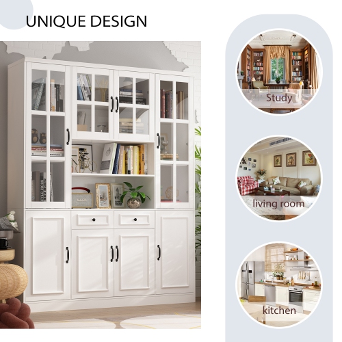 Homsee Spacious Bookcase with Glass Doors, Adjustable Shelves & Generous Storage for Home Library or Study , White