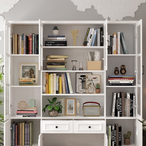 Homsee Spacious Bookcase with Glass Doors, Adjustable Shelves & Generous Storage for Home Library or Study , White