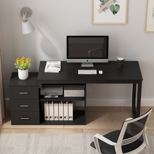 Homsee Modern L-Shaped Office Desk with Storage Shelves & Drawers, Open Shelving for Home Office, Black