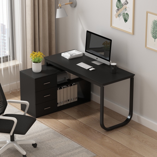 Homsee Modern L-Shaped Office Desk with Storage Shelves & Drawers, Open Shelving for Home Office, Black