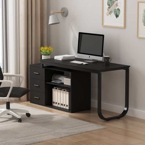 Homsee Modern L-Shaped Office Desk with Storage Shelves & Drawers, Open Shelving for Home Office, Black