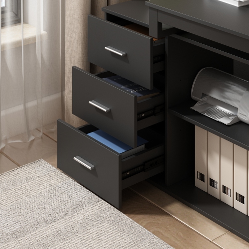 Homsee Modern L-Shaped Office Desk with Storage Shelves & Drawers, Open Shelving for Home Office, Black