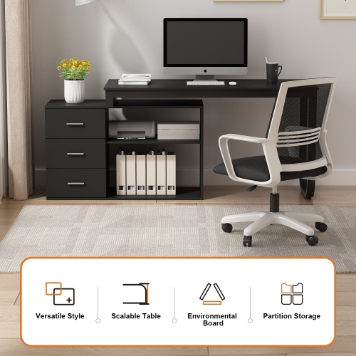 Homsee Modern L-Shaped Office Desk with Storage Shelves & Drawers, Open Shelving for Home Office, Black