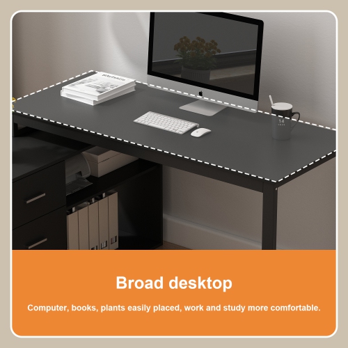 Homsee Modern L-Shaped Office Desk with Storage Shelves & Drawers, Open Shelving for Home Office, Black