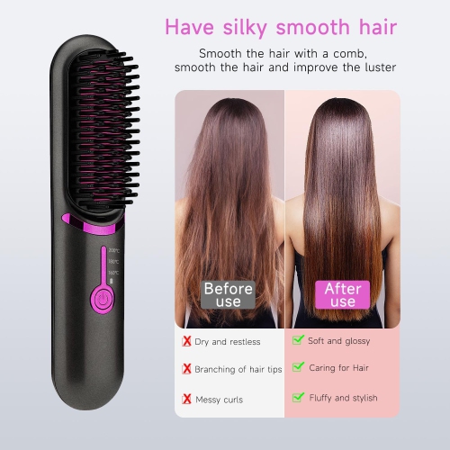 Brosse lissante sans fil,Brosse de voyage pour fer plat portative,Mini brosse chauffante ionique pour femmes-Noir