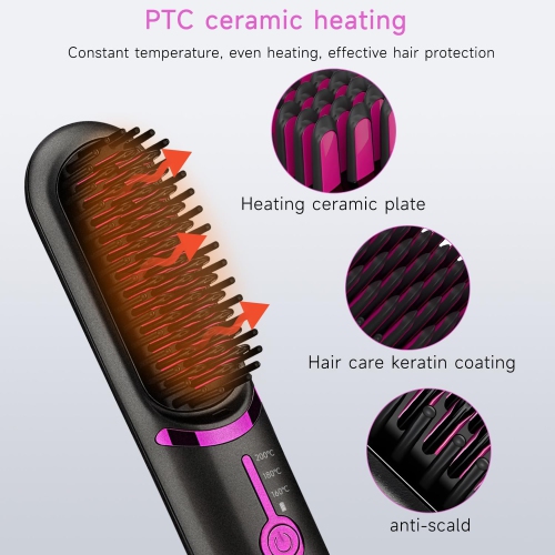 Brosse lissante sans fil,Brosse de voyage pour fer plat portative,Mini brosse chauffante ionique pour femmes-Noir
