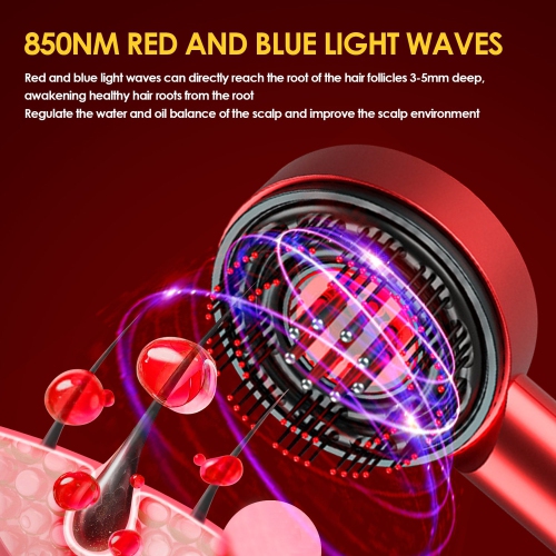 Red Blue Light Therapy Scalp Massage Brush Hair Growth Massager Comb Shiatsu Scalp Massager Electric Head Massage Comb-Red