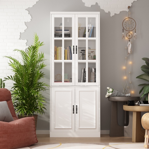 Homsee Tall Bookcase Bookshelf with 5 Storage Shelves & 2 Glass Doors, Wooden Display Storage Cabinet for Home Office & Living Room , White