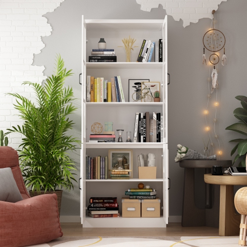 Homsee Tall Bookcase Bookshelf with 5 Storage Shelves & 2 Glass Doors, Wooden Display Storage Cabinet for Home Office & Living Room , White