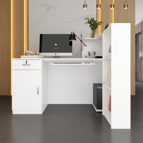 Homsee L-Shaped Reception Desk with Storage Shelves, Lockable Drawer & Cabinet for Office, White