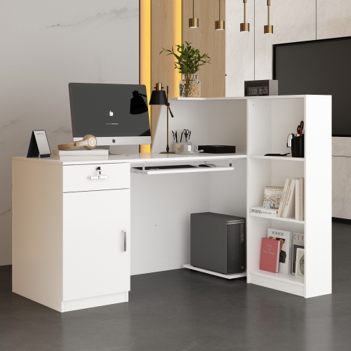 Homsee L-Shaped Reception Desk with Storage Shelves, Lockable Drawer & Cabinet for Office, White