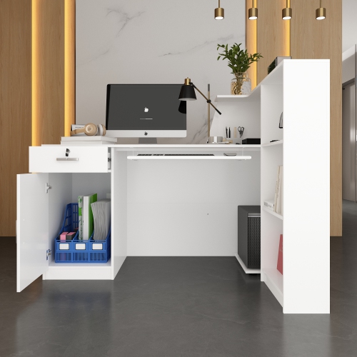 Homsee L-Shaped Reception Desk with Storage Shelves, Lockable Drawer & Cabinet for Office, White