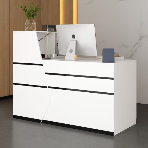 Homsee L-Shaped Reception Desk with Storage Shelves, Lockable Drawer & Cabinet for Office, White