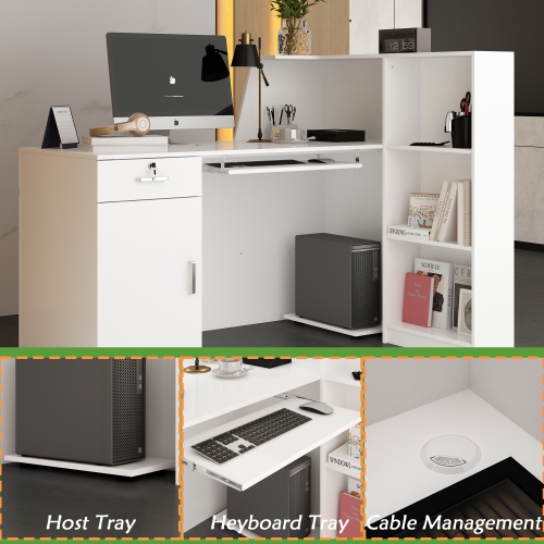 Homsee L-Shaped Reception Desk with Storage Shelves, Lockable Drawer & Cabinet for Office, White