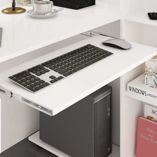 Homsee L-Shaped Reception Desk with Storage Shelves, Lockable Drawer & Cabinet for Office, White