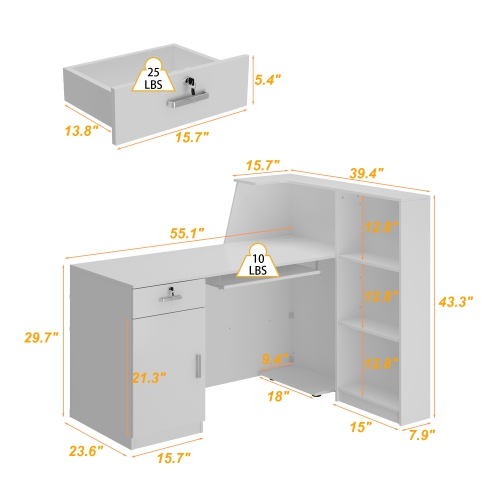 Homsee L-Shaped Reception Desk with Storage Shelves, Lockable Drawer & Cabinet for Office, White