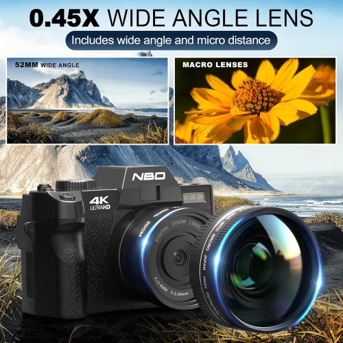 NBD 4K Digital Cameras for Photography, 48MP Vlogging Camera for YouTube with Microphone & Tripod Grip, Video Camera with Wide-Angle&Macro Lens,
