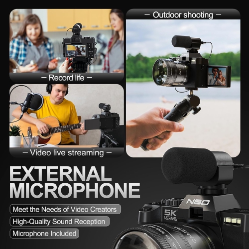 NBD 4K Digital Cameras for Photography, 48MP Vlogging Camera for YouTube with Microphone & Tripod Grip, Video Camera with Wide-Angle&Macro Lens,