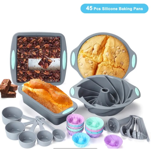45pcs Nonstick Silicone Baking Set, Bakeware Set with Cookie Sheets, Cake Muffin Bread Pan, Loaf Pan, Cake Pan, Pizza Pan, Mini Cupcake mold, Bundt