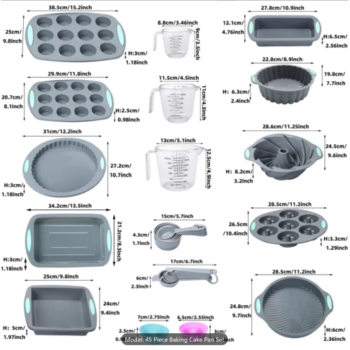 45pcs Nonstick Silicone Baking Set, Bakeware Set with Cookie Sheets, Cake Muffin Bread Pan, Loaf Pan, Cake Pan, Pizza Pan, Mini Cupcake mold, Bundt