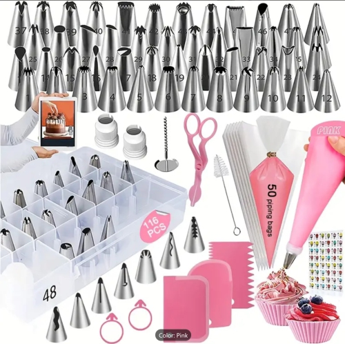 SET OF 55 kinds of piping tips, 50 piping bags, 3 kinds of cake scrapers, etc., with storage box. Creative production of cream cakes, cookies, biscui