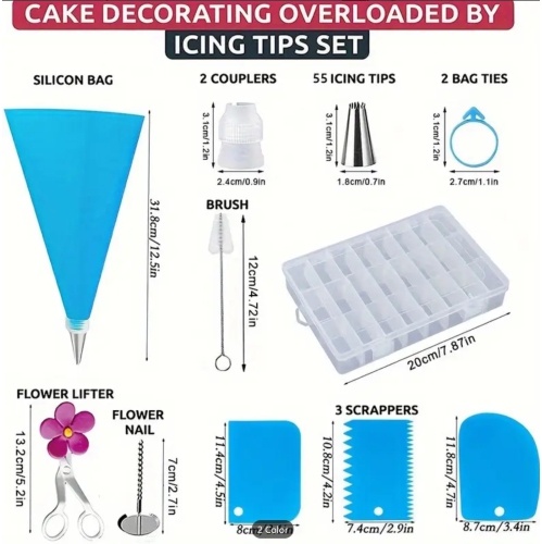 SET OF 55 kinds of piping tips, 50 piping bags, 3 kinds of cake scrapers, etc., with storage box. Creative production of cream cakes, cookies,