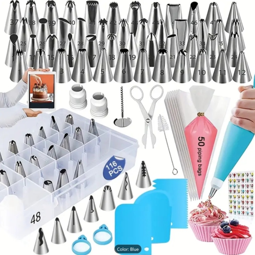 SET OF 55 kinds of piping tips, 50 piping bags, 3 kinds of cake scrapers, etc., with storage box. Creative production of cream cakes, cookies, biscui