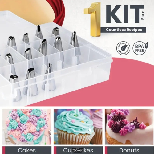 SET OF 55 kinds of piping tips, 50 piping bags, 3 kinds of cake scrapers, etc., with storage box. Creative production of cream cakes, cookies,
