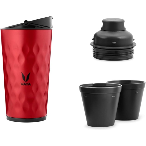 VAYA DRYNK 350 ml 3 in 1 Thermosteel Vacuum Insulated Gulper and Sipper Water Bottle with 2 Cups, Thermosteel Flask, Red
