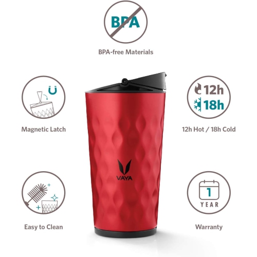 VAYA DRYNK 350 ml 3 in 1 Thermosteel Vacuum Insulated Gulper and Sipper Water Bottle with 2 Cups, Thermosteel Flask, Red