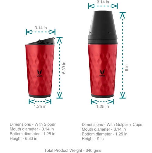 VAYA DRYNK 350 ml 3 in 1 Thermosteel Vacuum Insulated Gulper and Sipper Water Bottle with 2 Cups, Thermosteel Flask, Red