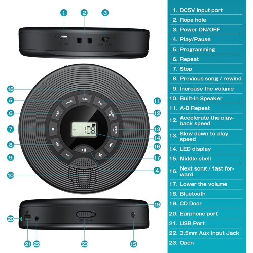 Lecteur CD portatif pour l'auto, lecteur CD Bluetooth avec haut-parleur, prise en charge de la lecture auxiliaire MP3 USB, lecteurs CD personnels