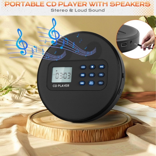 Lecteur CD portatif avec haut-parleurs, lecteur CD Walkman rechargeable pour la maison de voiture, lecteur CD avec casque d'écoute, lecteur MP3/livre