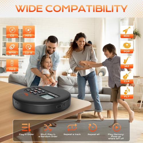 Lecteur CD portatif avec haut-parleurs, lecteur CD Walkman rechargeable pour la maison de voiture, lecteur CD avec casque d'écoute, lecteur MP3/livre