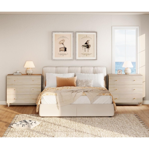 WAMPAT Set of 2 Nightstands with 3 Wide Drawers for Bedroom, Modern Wood Bedside Tables Chest Dressers Tall Night Stands, Large Sofa Side End Tables