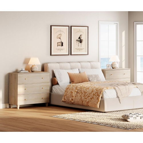 WAMPAT Set of 2 Nightstands with 3 Wide Drawers for Bedroom, Modern Wood Bedside Tables Chest Dressers Tall Night Stands, Large Sofa Side End Tables